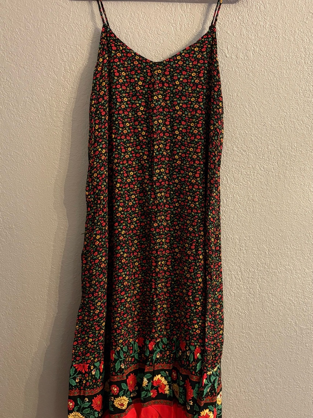 Floral Slip Dress with Border Print - Black/Multicolor